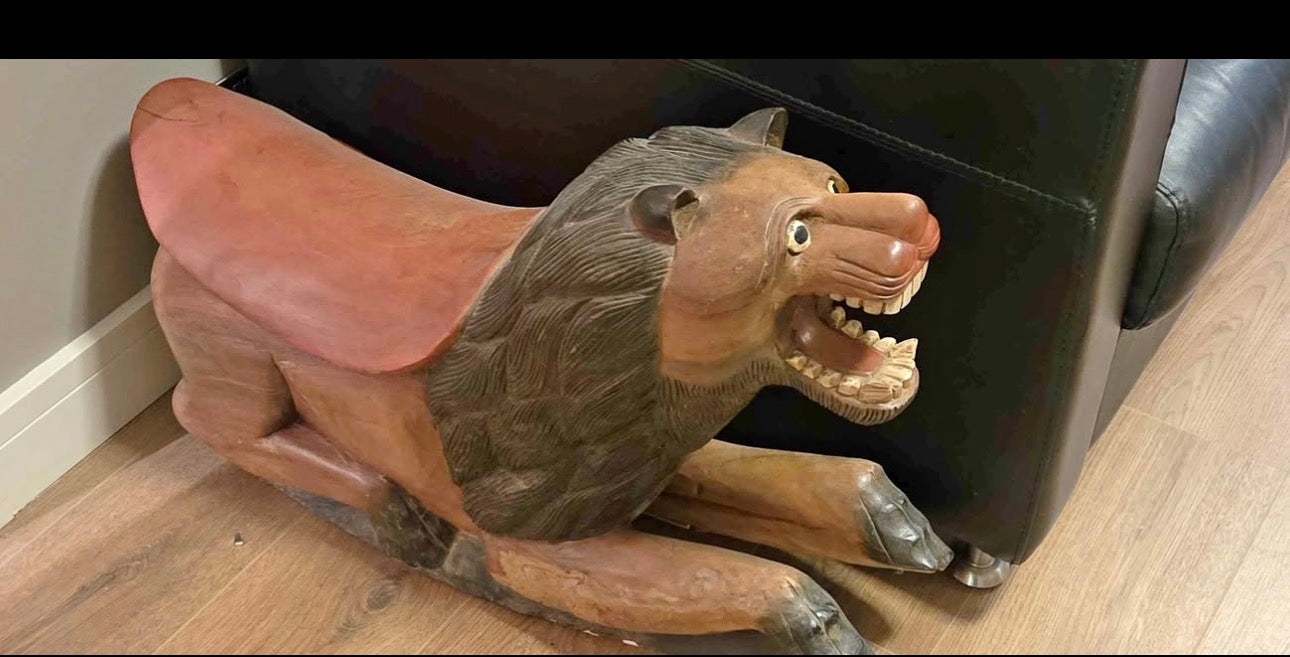 Hand-Carved Wooden Lion Sculpture