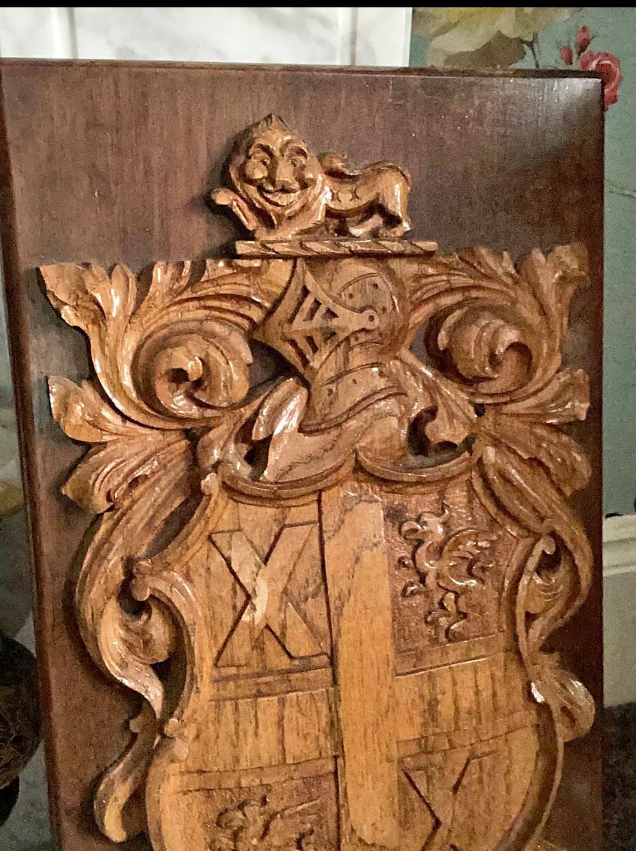 Hand-Carved Wooden Coat of Arms Plaque