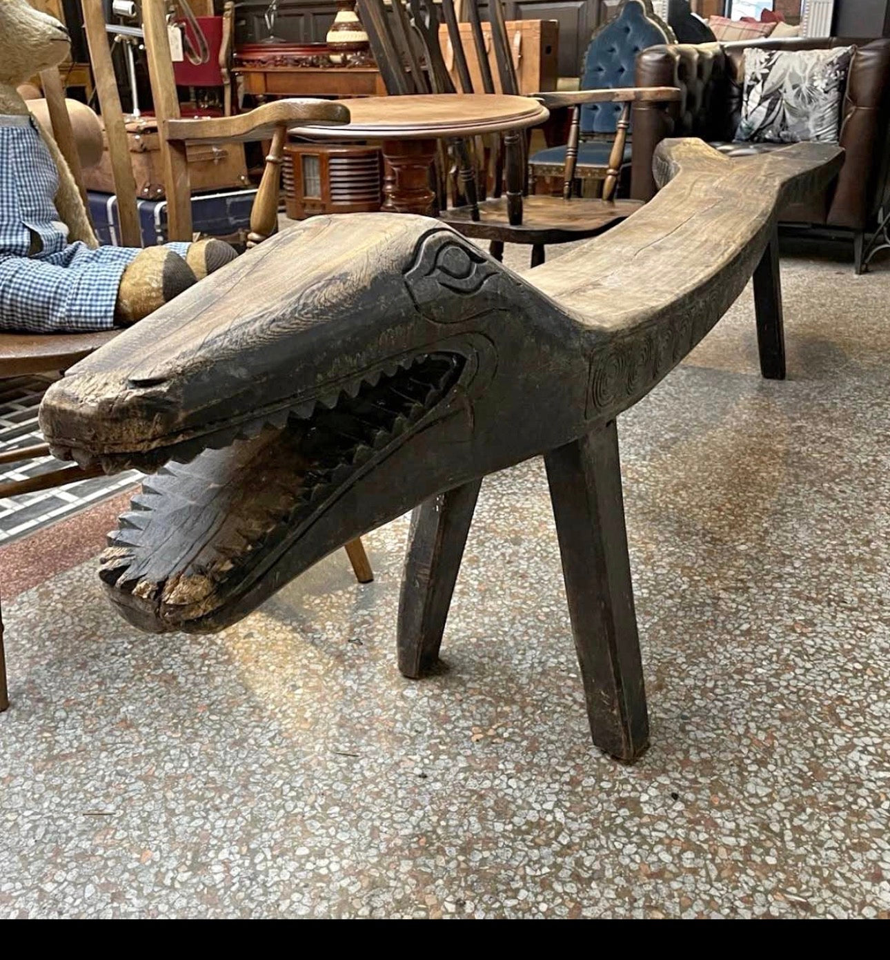 Hand-Carved Wooden Crocodile Bench / Statement Sculpture