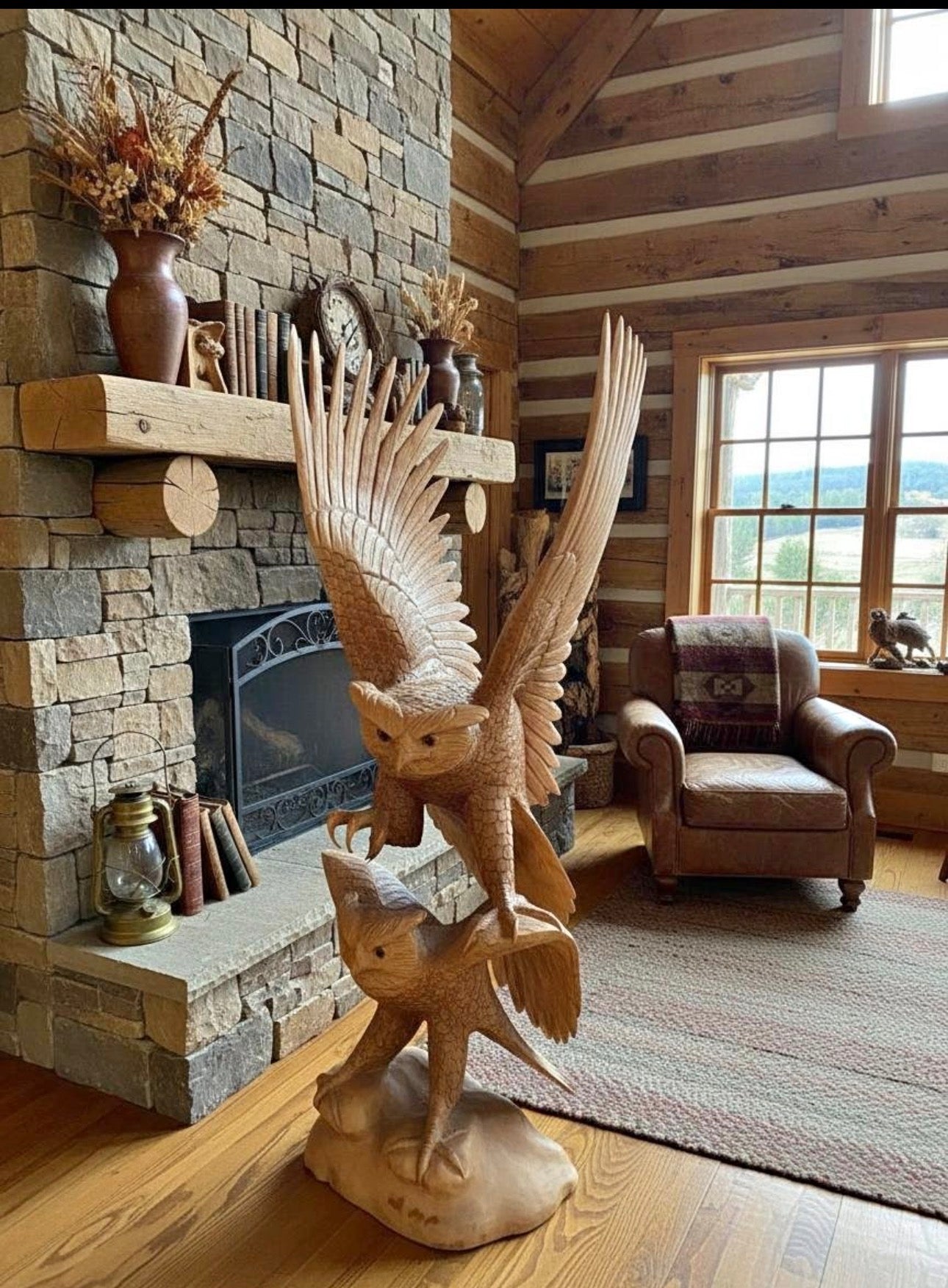 Large Hand-Carved Wooden Eagle Sculpture